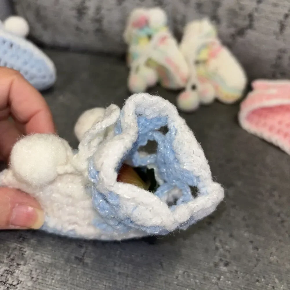 Handmade Knitted Baby Booties 3 Pairs Pink Blue Rainbow Pompom Tie Stretch Vntg